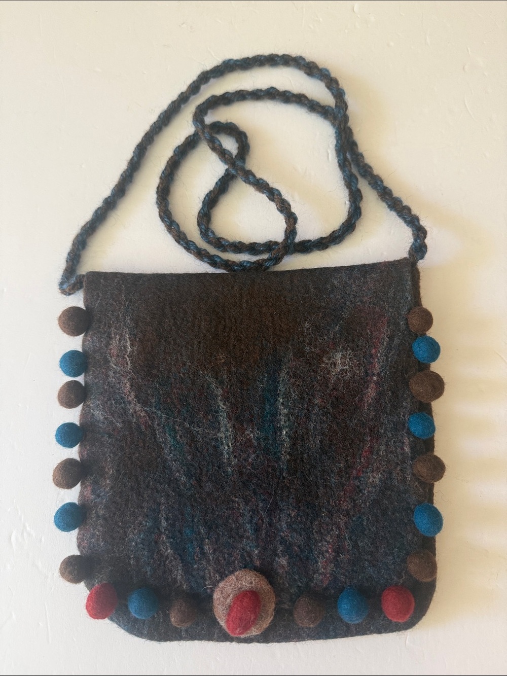 FELTWORKS by Roz Spier Handmade Boiled Wool Brown Red Teal Shoulder Purse